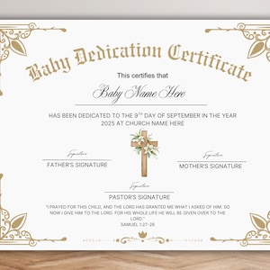 Certificado de Dedicación de Bebé, Certificado de Bautismo, Certificado de Bautizo, Certificado de Iglesia, Tarjeta de Dedicación de Bebé, Plantilla Imprimible