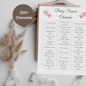 Charadas, juego de charadas para baby shower, charadas de acción para la familia, noche de juegos en familia, juegos para fiestas de baby shower en PDF, trivia para bebés, PDF IMPRIMIBLE