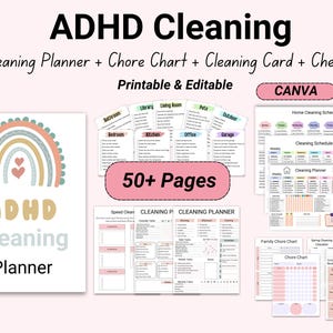 Pacchetto di checklist per le pulizie ADHD modificabile, pianificatore di pulizie ADHD, faccende domestiche ADHD, tracker per le pulizie domestiche, download immediato, materiale stampabile