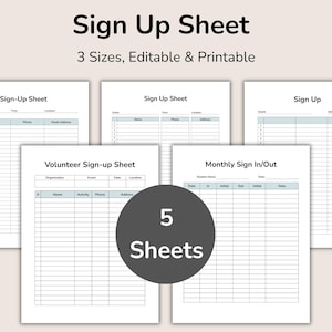 Editable Sign Up Sheet, Event Sign Up Sheet, Volunteer Sign Up Sheet, Monthly Sign In/Out Form, Meeting Sign In Sheet for Office, Printable