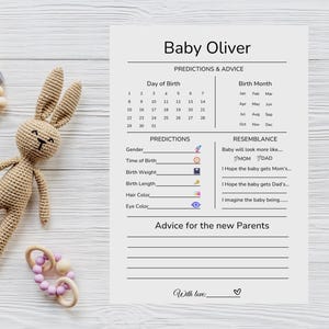 Minimalistische moderne babyvoorspelling en advieskaart Gepersonaliseerde sjabloon, babyvoorspellingskaart, babyshowervoorspelling en advies, bewerkbare PDF