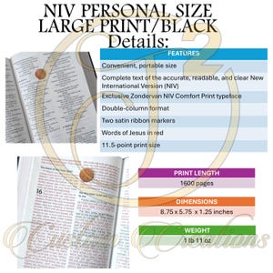 Op de afbeelding: Een zwarte NIV Personal Size Large Print Bijbel met twee satijnen lintjes. De Bijbel heeft 1600 pagina's en meet 8,75 x 5,75 x 1,25 inch. Hij weegt 1 lb 11 oz.