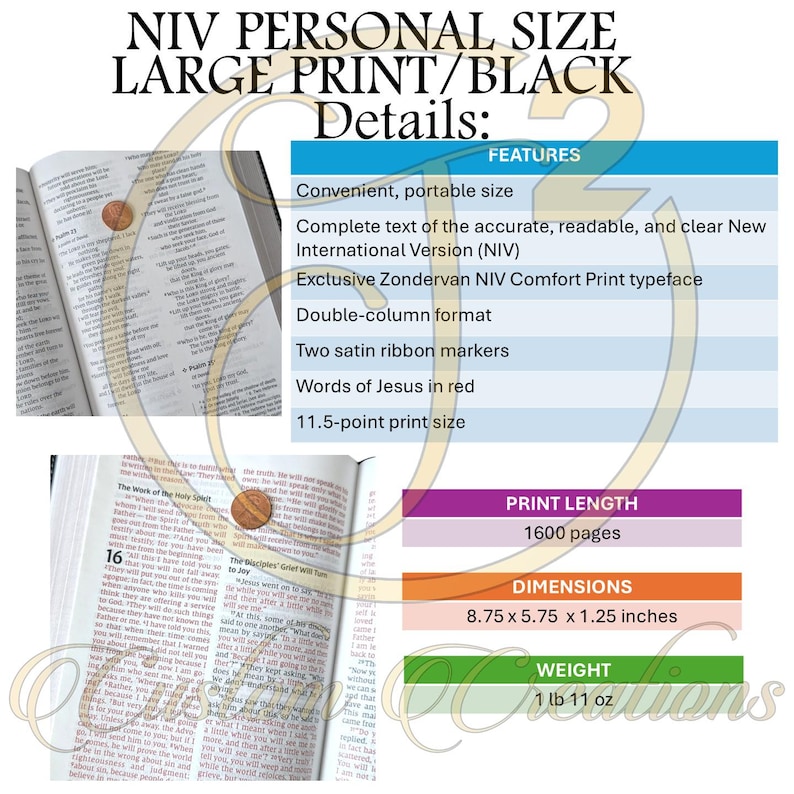 Op de afbeelding: Een zwarte NIV Personal Size Large Print Bijbel met twee satijnen lintjes. De Bijbel heeft 1600 pagina's en meet 8,75 x 5,75 x 1,25 inch. Hij weegt 1 lb 11 oz.