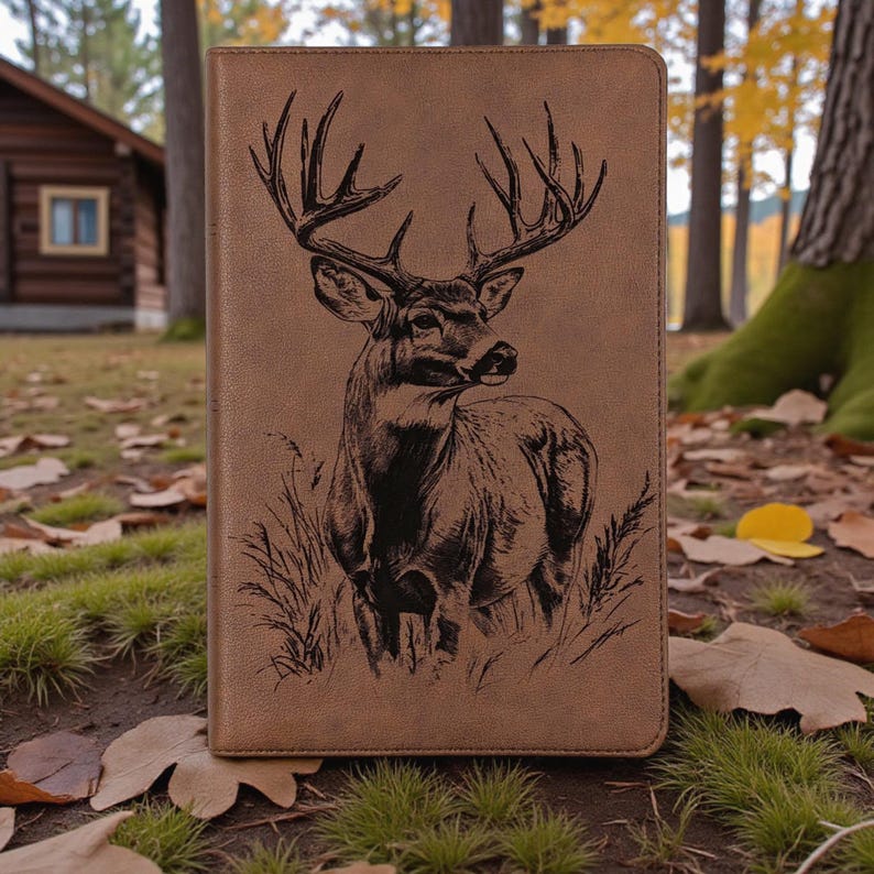 May include: A tan leather-like journal cover featuring a detailed black illustration of a buck deer with large antlers. The deer is depicted in a naturalistic style, set against a backdrop of tall grass.