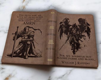 Personalized KJV Bible: Engraved Michael the Archangel and Kneeling Warrior, Wide Margin, Brown Leatherlike