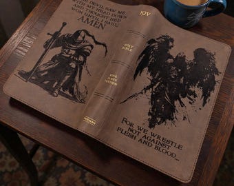 Personalized KJV Bible Personal Size: Engraved Michael the Archangel and Kneeling Warrior, Brown