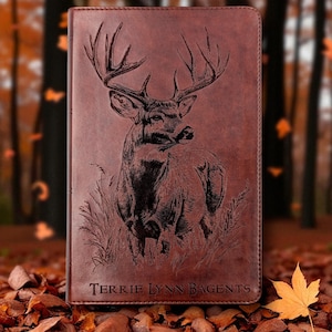 Personalized ESV Bible with Buck Design | Large Print | Deer Engraving and Custom Name | Red Letter | Christian Gift for Hunters