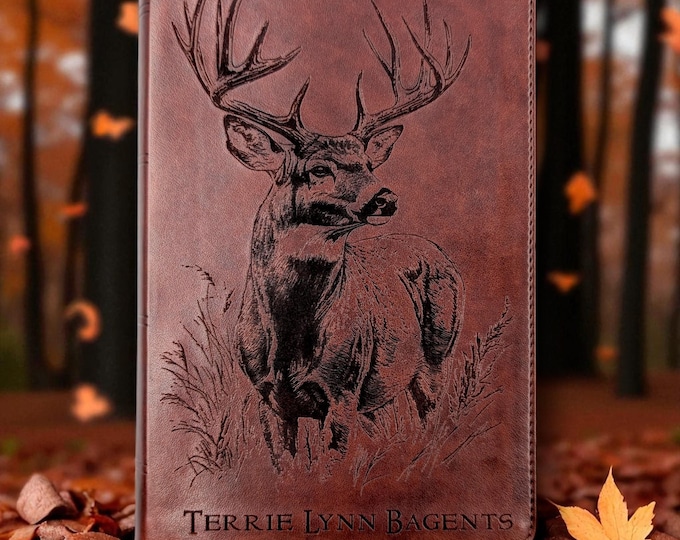 Personalized ESV Bible with Buck Design | Large Print | Deer Engraving and Custom Name | Red Letter | Christian Gift for Hunters