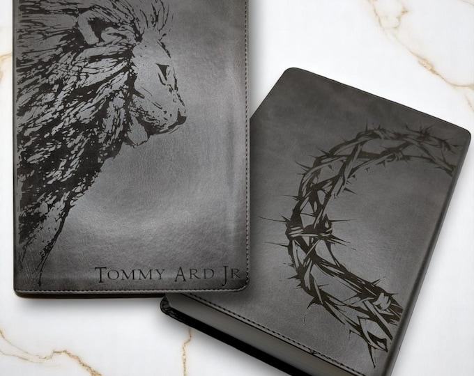 Personalized Lion and Crown of Thorns CSB He Reads Truth Bible | Custom Engraved Gray Bible for Him | Wide Margins for Journaling