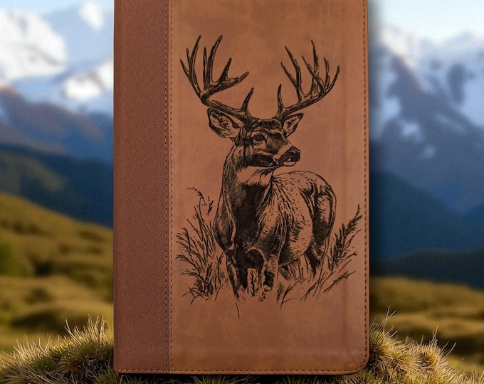 Personalized NIV Bible Large Print with Buck Design | Deer Engraving and Custom Name | Brown Bible | Red Letter | Christian Gift for Hunters
