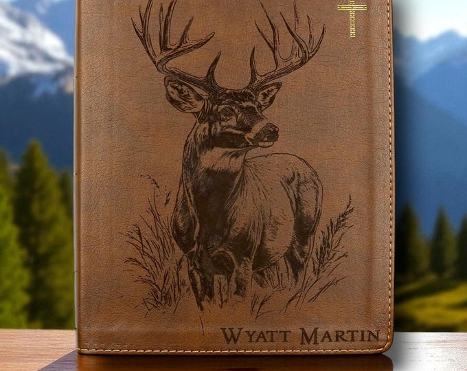 Personalized NIV Journal Bible with Buck Design | Deer Engraving and Custom Name | Lined Wide Margins | Christian Gift for Hunters