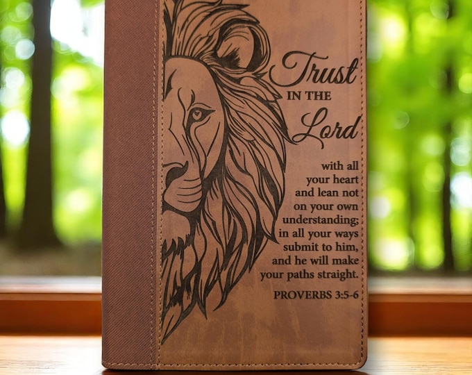Personalized NIV Brown Bible with Lion and Scripture Engraving | Large Print | Custom Name and Trust in the Lord Verse | Baptism Gift
