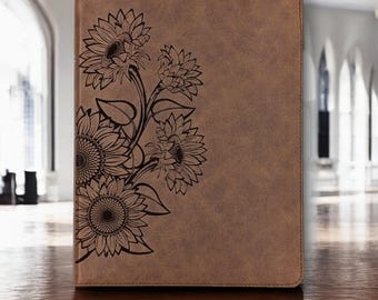Bible LSG personnalisée pour femme : motif tournesol gravé, marge large, similicuir marron