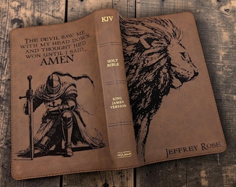 Personalized KJV Bible Personal Size: Engraved Lion and Kneeling Warrior, Brown Leathersoft Cover