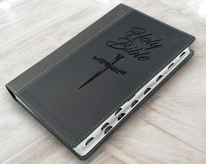 Personalized Nails on Cross Large Print NIV Bible with Thumb Index | Custom Name Black Gray Bible | Word of God Laser Engraved Bible