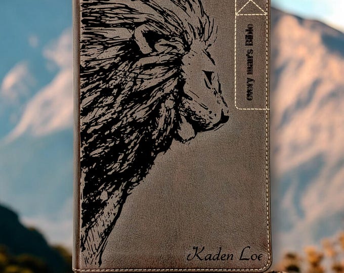 Personalized Lion Engraved Every Man's Bible NLT Deluxe Edition | Laser Engraved Study Bible for Men | Unique Baptism Gift