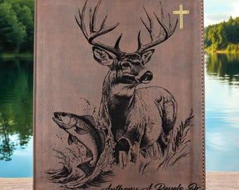 Personalized NIV Journal Bible: Engraved Buck Deer a Red Drum Fish, Lined Wide Margins