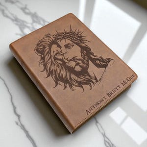 Personalized KJV Bible: Engraved Lion and Jesus, Wide Margin, Brown Leatherlike image 5
