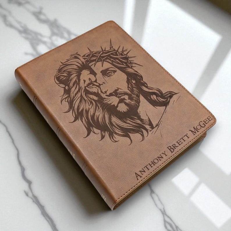 Personalized KJV Bible: Engraved Lion and Jesus, Wide Margin, Brown Leatherlike image 5