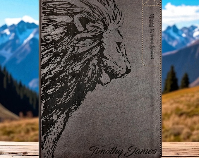 Personalized Every Man's NLT Bible with Thumb Index | Laser Engraved Lion and Custom Name | Brown Study Bible for Men | Christian Gift