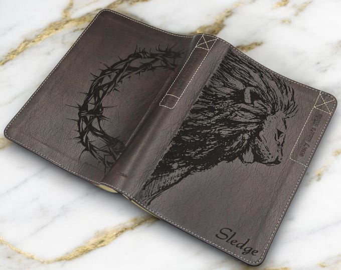 Personalized Every Man's Bible NLT Deluxe Edition | Lion and Crown of Thorns Laser Engraved Bible with Name | Brown Study Bible for Men