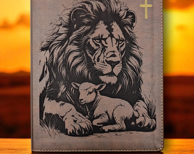 Personalized NIV Journal Bible | Lion and Lamb Engraving | Brown Wide Margin Lined Bible for Journaling | Custom Name Christian Gift