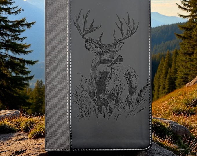 Personalized NIV Bible Large Print with Buck Design | Deer Engraving and Custom Name | Black Gray Bible | Christian Gift for Hunters