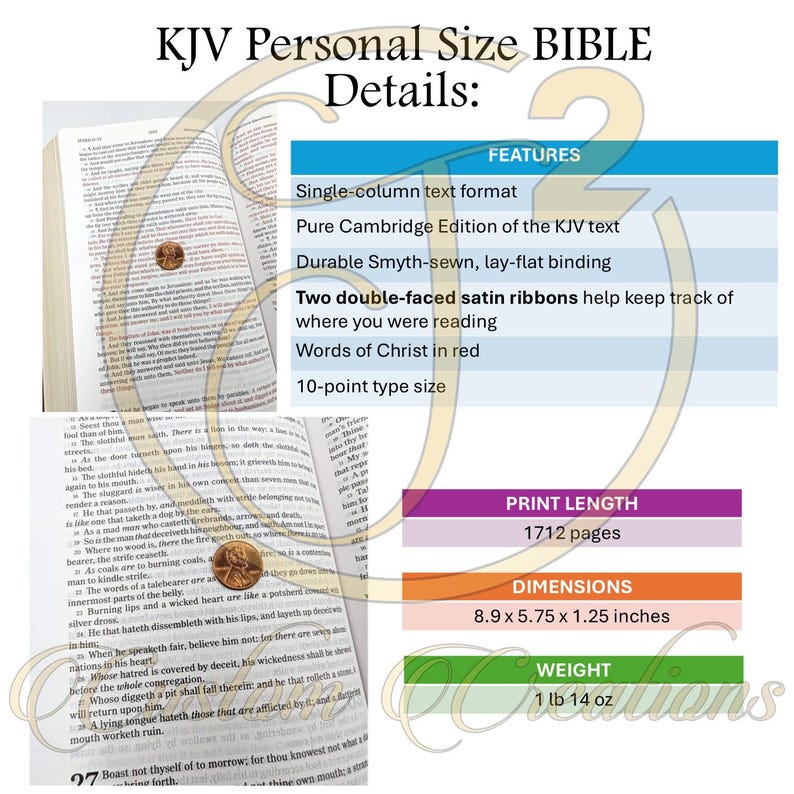 May include: KJV Personal Size Bible with details. Features include single-column text, a Cambridge edition, Smyth-sewn binding, two satin ribbons, and words of Christ in red. Dimensions are 8.9 x 5.75 x 1.25 inches. Weight is 1 lb 14 oz.