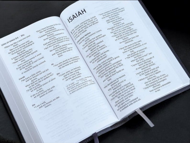 Op de afbeelding: Een open Bijbel met het boek Jesaja en het Hooglied zichtbaar. De pagina's zijn open om de tekst in zwarte letters op wit papier te tonen. De Bijbel is gebonden in een donkergrijze omslag met een zilveren bladwijzer.