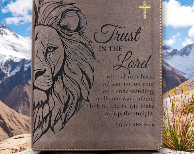 Personalized NIV Journal Bible with Lion and Scripture Engraving | Custom Name and Trust in the Lord Verse | Christian and Baptism Gift