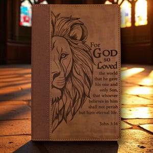 Personalized NIV Bible Large Print with Lion and Scripture Engraving | Brown Leather Like | Custom Name and John 3:16 Verse | Christian Gift