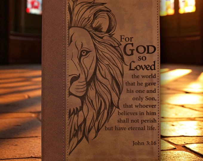Personalized NIV Bible Large Print with Lion and Scripture Engraving | Brown Leather Like | Custom Name and John 3:16 Verse | Christian Gift