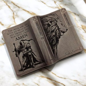 Personalized Every Man&#39;s Bible NLT Deluxe Edition | Engraved Lion and Kneeling Knight | Brown Bible with Custom Name | Study Bible for Men