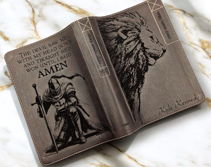 Personalized Every Man's Bible NLT Deluxe Edition | Engraved Lion and Kneeling Knight | Brown Bible with Custom Name | Study Bible for Men