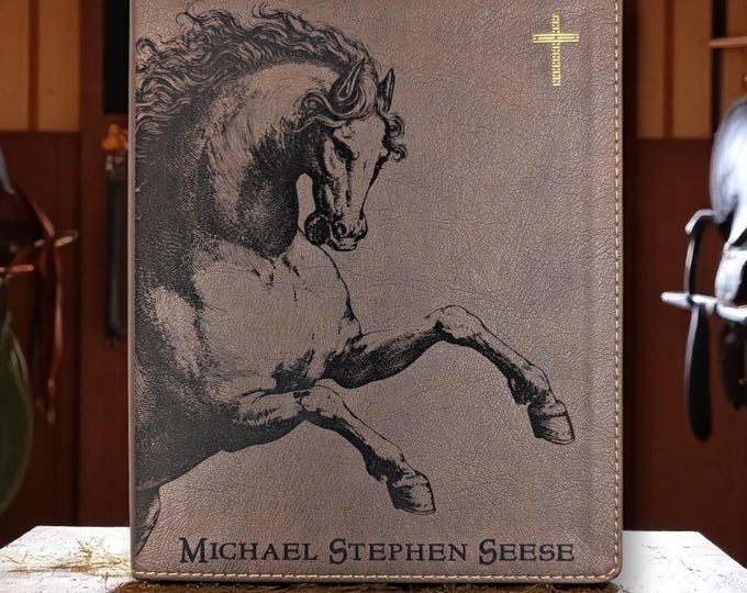 Custom Engraved NIV Journal Bible with Horse and Scripture Engraving | Custom Name | Lined Margins for Notes | Personalized Christian Gift