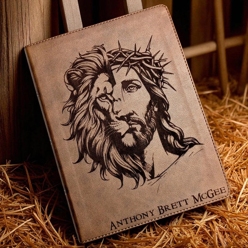 Personalized KJV Bible: Engraved Lion and Jesus, Wide Margin, Brown Leatherlike image 2