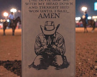 Personalized KJV Bible Personal Size: Engraved Kneeling Praying Cowboy, Brown Leatherlike
