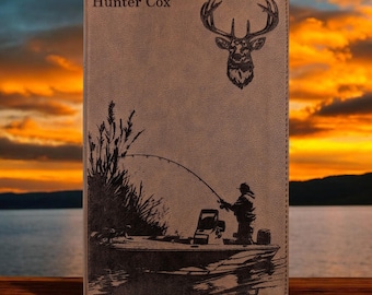 Personalized King James Bible KJV, Personal Size: Engraved Fisherman and Buck Design, Brown Leatherlike
