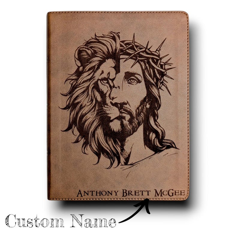 Personalized KJV Bible: Engraved Lion and Jesus, Wide Margin, Brown Leatherlike image 6