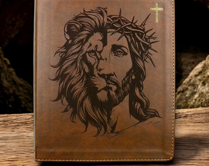 Personalized NIV Journal Bible with Lion and Jesus Engraving | Custom Name Engraved Study Bible | Baptism Gift | Christian Personalized Gift