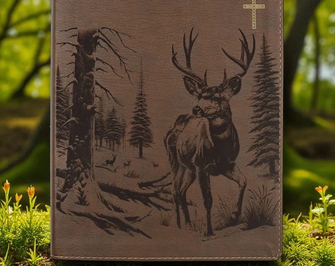 Personalized NIV Journal Bible with Nature and Buck Scene | Deer Engraving and Custom Name | Lined Wide Margins | Christian Gift for Hunters