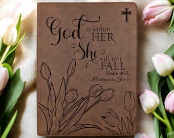 Personalized KJV Bible for Women: Engraved Tulip Flowers & Psalm 46-5, Wide Margin, Brown Leatherlike
