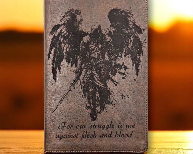 Personalized NLT Bible | Michael the Archangel and Custom Name Engraved | Rustic Brown Thinline Reference Bible | Gift for Study and Baptism