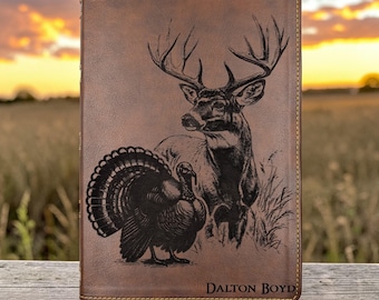Personalized NKJV Bible with References: Engraved Buck Deer and Turkey, Wide Margins