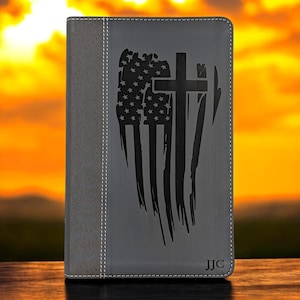 Personalized NIV Bible Large Print: Engraved American Flag and Cross, Black Leatherlike