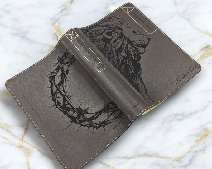 Personalized Every Man's Bible NLT Deluxe Edition | Lion and Crown of Thorns Laser Engraved Bible with Name | Brown Study Bible for Men