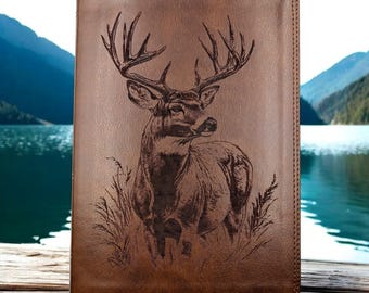 Personalized ESV Bible Giant Print: Engraved Buck Deer, Deep Brown Leatherlike