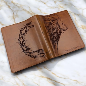 Personalized Lion and Crown of Thorns CSB He Reads Truth Bible | Custom Engraved Brown Bible for Him | Wide Margins for Journaling