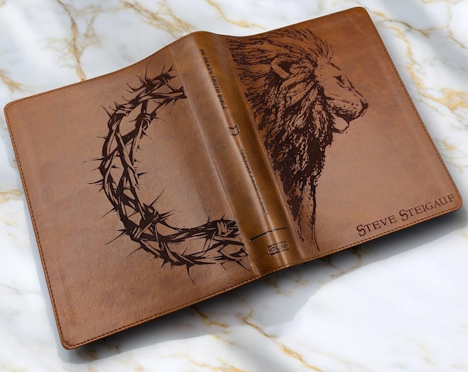 Personalized Lion and Crown of Thorns CSB He Reads Truth Bible | Custom Engraved Brown Bible for Him | Wide Margins for Journaling