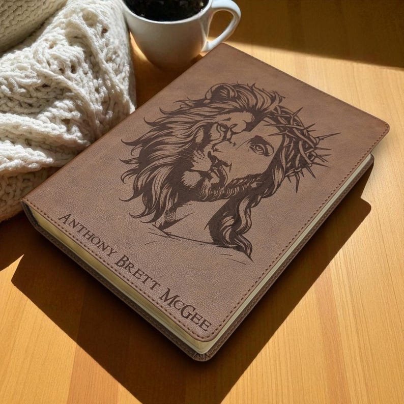 Personalized KJV Bible: Engraved Lion and Jesus, Wide Margin, Brown Leatherlike image 3